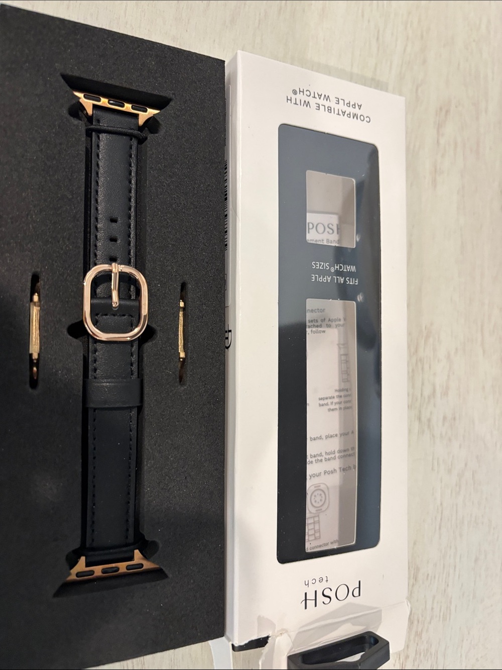 Posh Black Leather Apple Watch Band with Rose Gold Hardware
